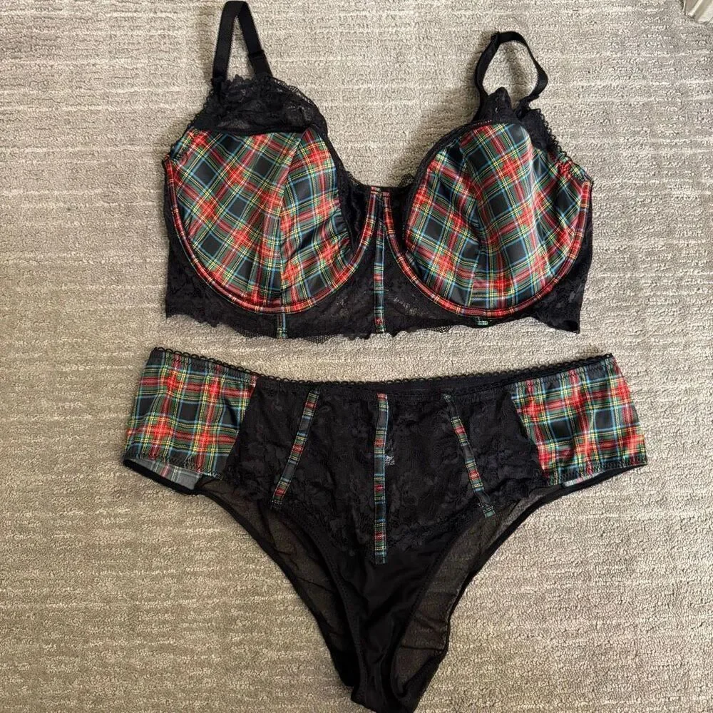 Adore Me Red Green Plaid Rochelle Plus Black Lace Bra Lingerie‎ Set 40H 2X